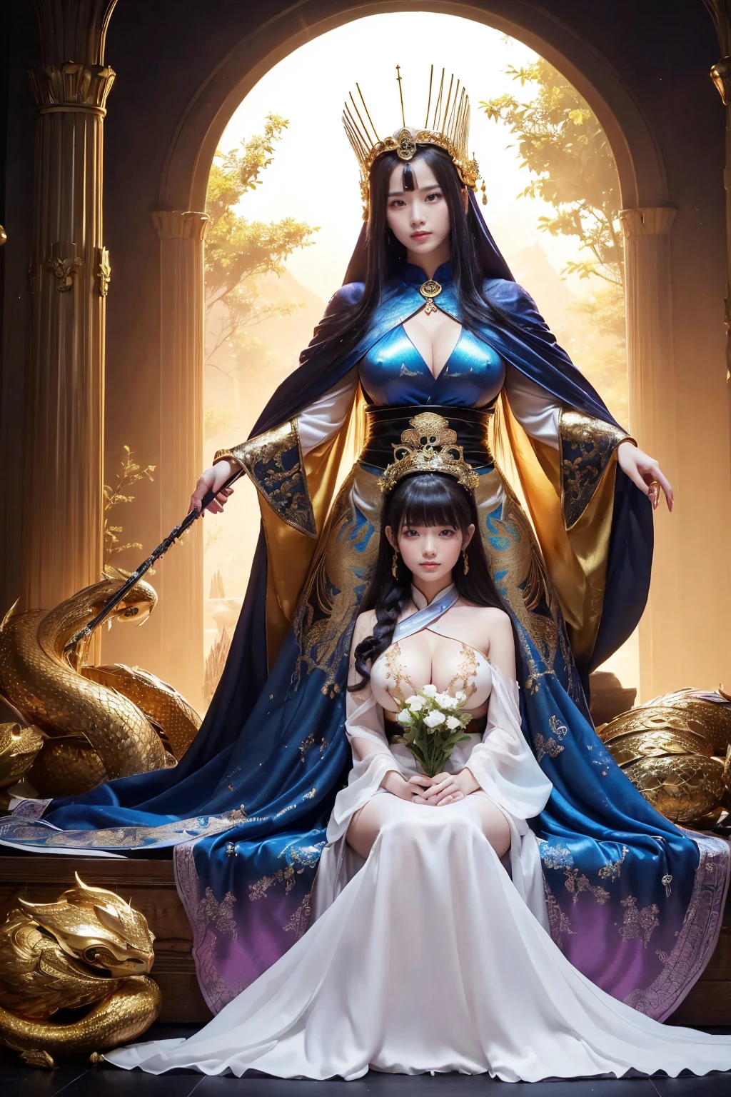 ((Highest quality)), ((masterpiece)), (detailed)Two Humans、Two Humans女性1.2、Sister 1.2、大きな白い竜に見守られながら玉座に座っているTwo Humansの姉妹Queen1.2、楽しく雑談するTwo Humans女性、Fun time、Sagging milk 1.2、from the front、Well-formed face、Hilarious 1.2、Each one has a unique expression.2、Mr.々Face 1.2、Each has an attractive appearance1.2、Smiled face 1.2、Huge breasts、A rich body、Stand straight with your legs apart1.2、,(((Big Breasts))),(((Huge breasts))),(((Great tit))),(((SFW)))、Two women playing 1.2、Women from a close family 1.2、Women posing、Two women pressing their breasts together、Large areola、Standing at the entrance to the underwater temple leading to Ryugu-jo Castle 1.2、Dragon curtain on the podium in the background 1.1、A huge white dragon is watching over the woman from behind..2、Magnificent Underground Scenery 1.2、near, violent, Creatures from the End of the Earth、White vampire owl on shoulder 1.2、Little White Owl 1.2、A chair made from a giant snake、Maximum chest size、Metallic rainbow snake dress with Yamata no Orochi embroidery、He has a very sharp shield with a spear attached to his back、In the background sits a giant white dragon that rules the world..2、Crystal Stone Spear 1.2、Stand up straight with your arms folded、Whitish blonde 1.2、Super long straight hair、Shiny Hair 1.2、Super long bangs 1.2、Spread your legs wide、Iridescent Cosmos Spear 1.2、One gun in each hand.2、A gold and black metallic tapestry with floral patterns blooming in the dark、A metallic flower arrangement that represents infinity、Infinite flower field embroidery、Gold see-through tights、Large silk tights with net、Queen'Decoration of s、Huge red diamond necklace 1.2、Black garter belt、Long eyelashes、Angry eyebrows、Ancient Alien Furniture、(((Big Breasts))),(((Huge breasts))),(((Great tit))),(((SFW)))、Ultra dark space、Backlight、Smooth waistline、Bullish face、Challenging face、Angry eyebrows、legs are long、Black Market Aesthetics、A magnificent view seen in a dream 1.2、superior look、超Big Breasts1.2、The pinnacle of elegance、Beautiful Snake'tongue、Sparkling star sand hair clips on your ears、A carpet of dreams dripping with blood、White skin as delicate as a silkworm cocoon、Huge breastsを持つ美しい女性、Big fairy、Specially made crystal ball'Nesting、Sentimental composition、Joy in anger、Mandalas bouncing around in bubbles、I pledge my life in front of her open legs.、I sacrificed my life to open her legs and lick her whole body...、The irresistible smell of death assaults my nose、Grin、Bare Big Breasts 1.2、Immature and competitive.2、from the front、Brave Standing 1.2、Something red as an accent color 1.1、Woman 1 shows close relationship with background and decoration.2、Cool scenery 1.2、In the background sits a giant white dragon that rules the world..2、2 people 1.2