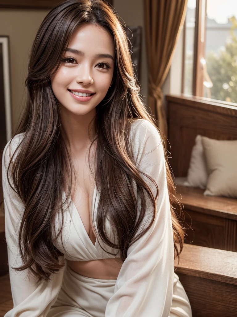 1girl, alone, solitary, high quality, (best quality,4k,8k,highres,masterpiece:1.2),ultra-detailed,(realistic,photorealistic,photo-realistic:1.37),gorgeous hair,light brown hair,long hair with curls and bangs,puffy eyes,mole on the cheek,plump lips,jewelry,(high detailed skin:1.4),(light room:1.3),(rim lighting:1.3),(lit:1.3),(sunny day:1.3),indoors,portrait,perfect smile, waist-length hair, red or black clothes, beautiful smile, perfect teeth, dimples