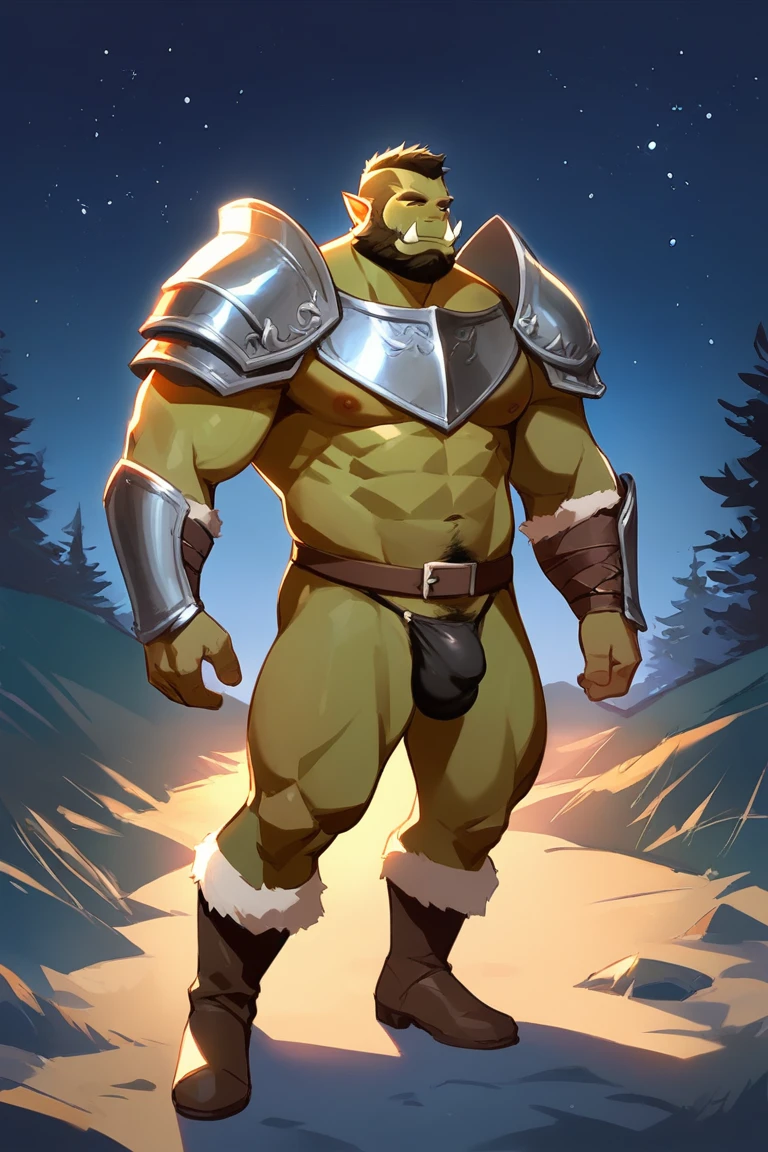score_9, score_8_up, score_7_up, solo, male focus, bulk male, orc, green skin, tusks, beard, outdoors, micro armor , shoulder armor, breastplate, upper body, closed mouth, pauldrons, night, night sky, standing , boots , (black g-string) , full body , black boots , rise bulge up , ,