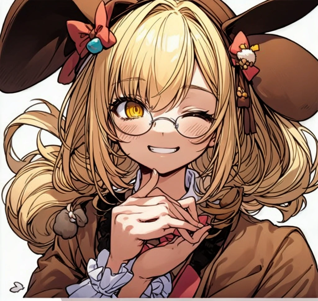 (((Masterpiece))), (((Beautiful Light))), a anime female character wearing a hat holding a pig ear between her fingers, 1girl, blonde hair, hat, animal ears, one eye closed, smile, virtual youtuber, glasses, bow, braid, solo, yellow eyes, rabbit ears, round eyewear, looking at viewer, hair bow, blush, hair ornament, hair bun, grin, dog