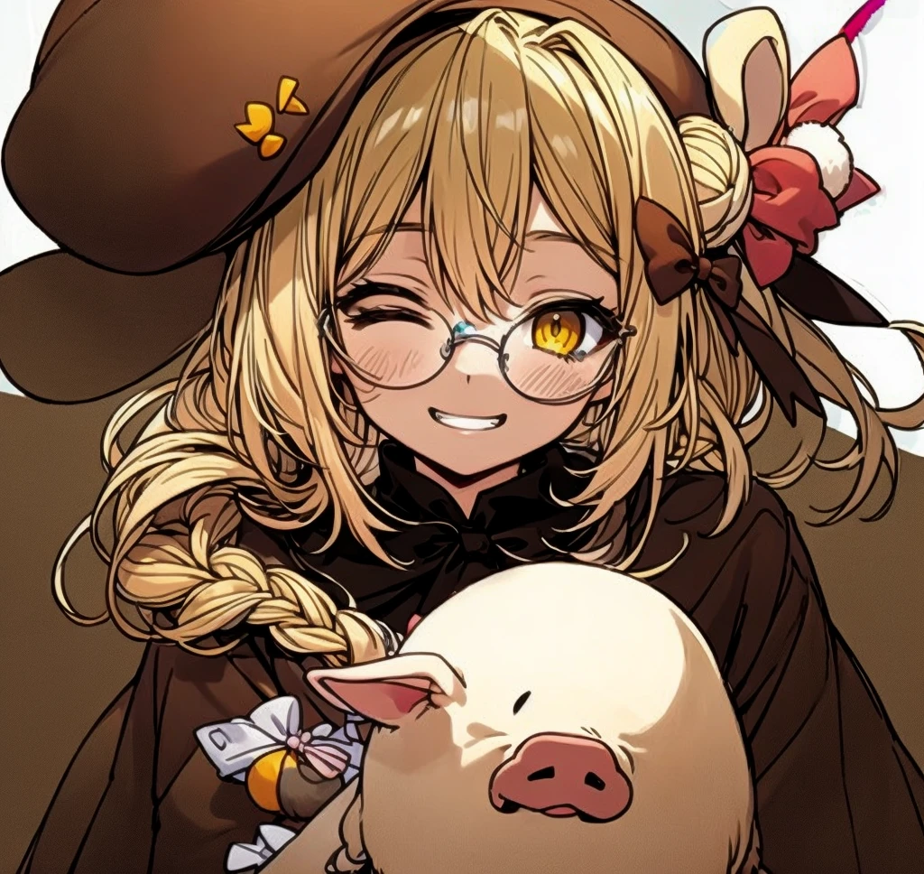 (((Masterpiece))), (((Beautiful Light))), a anime female character wearing a hat holding a pig ear between her fingers, 1girl, blonde hair, hat, animal ears, one eye closed, smile, virtual youtuber, glasses, bow, braid, solo, yellow eyes, rabbit ears, round eyewear, looking at viewer, hair bow, blush, hair ornament, hair bun, grin, dog