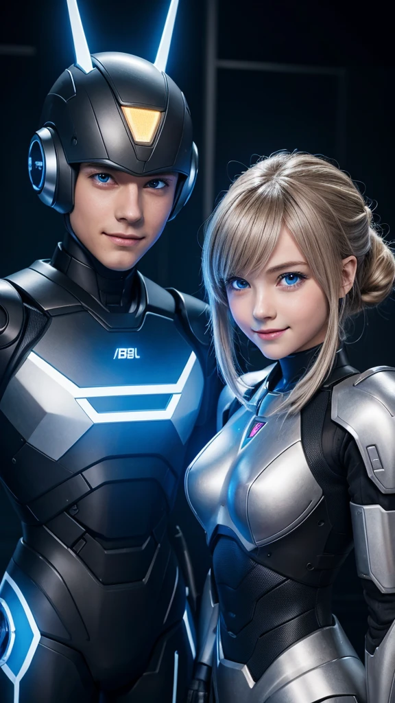 A boy and a girl in the form of robots stand at full height, they have blue eyes, black-blond hair, blush and smile on the face, robot dashboard with digital display, iron electric armor, engine in chest, power armor, anime style, Aesthetically, Beautiful, realistically, professional photo, 4K, A high resolution, high detail, 30mm.