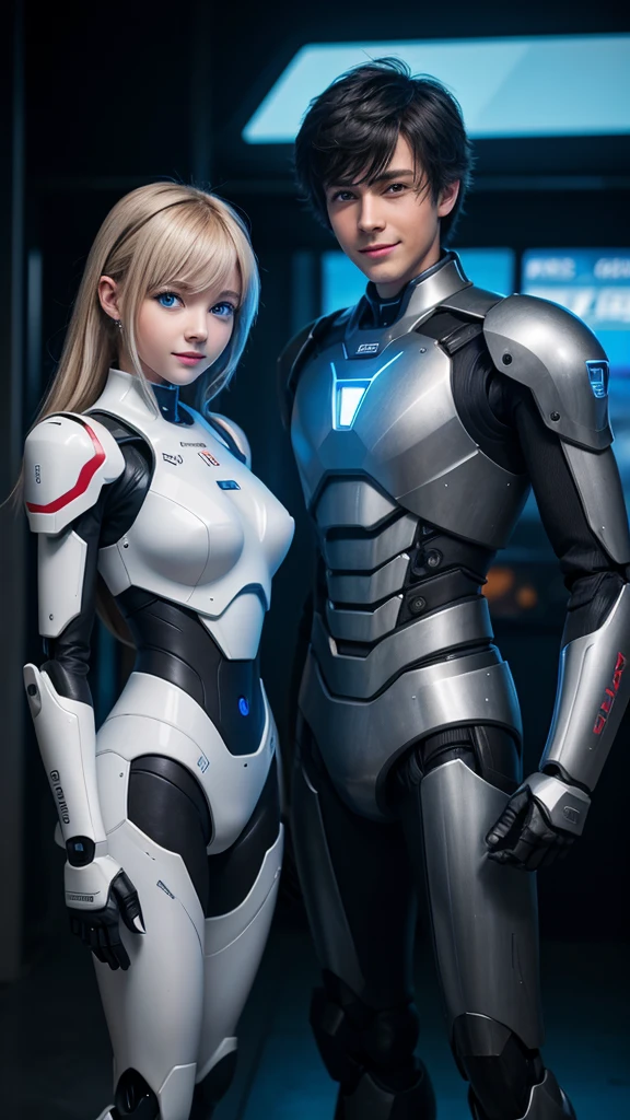 A boy and a girl in the form of robots stand at full height, they have blue eyes, black-blond hair, blush and smile on the face, robot dashboard with digital display, iron electric armor, engine in chest, power armor, anime style, Aesthetically, Beautiful, realistically, professional photo, 4K, A high resolution, high detail, 30mm.