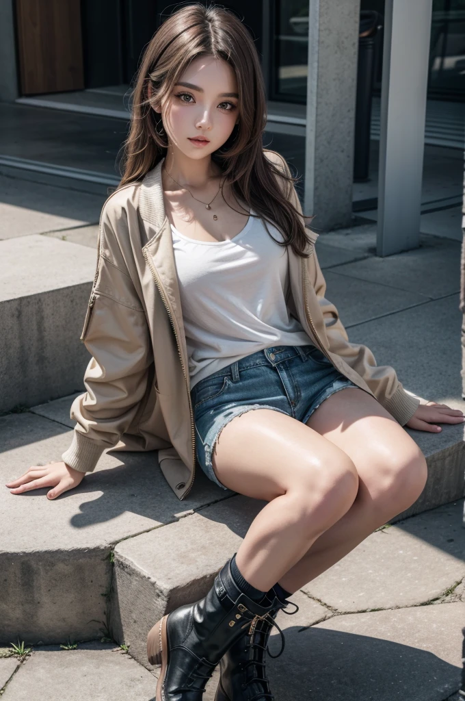 Beautiful girl wearing open jacket, top, shorts curto, high ankle boots. 4K. very detailed.