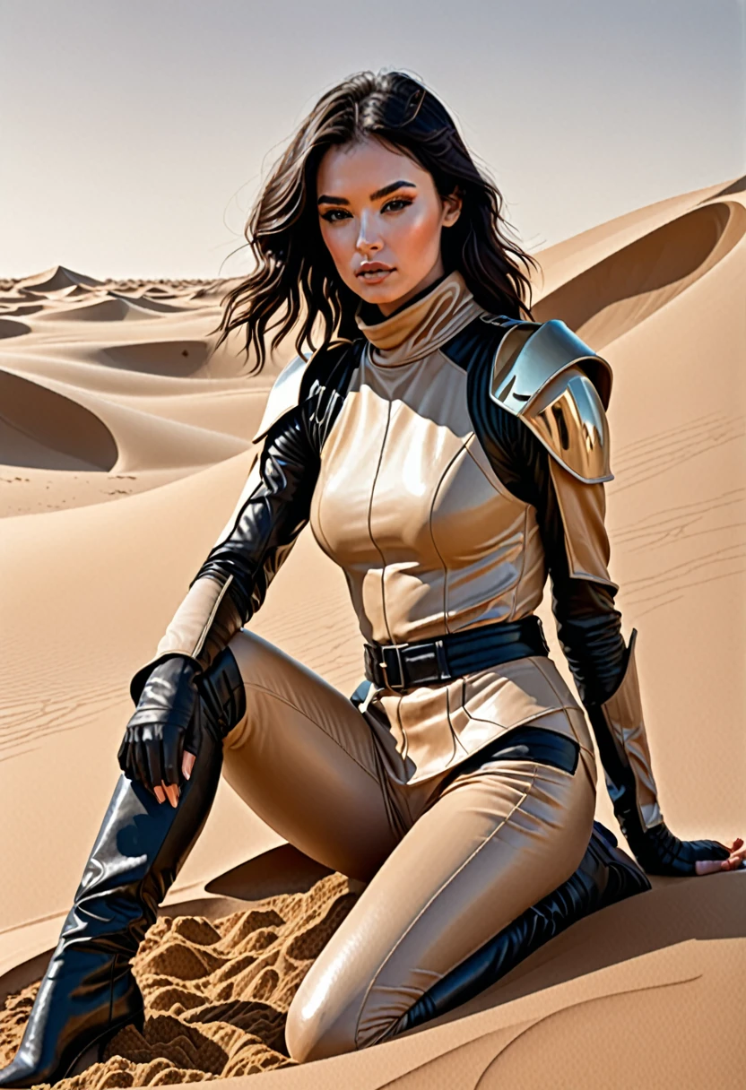 A hugh detaiked sketch or drawing of Dark haired beautiful young woman, set in a dessert. Shes wearing 'Dune' dessert, long beige and leather, futuristic style clothing. She is sat playing with the sand.