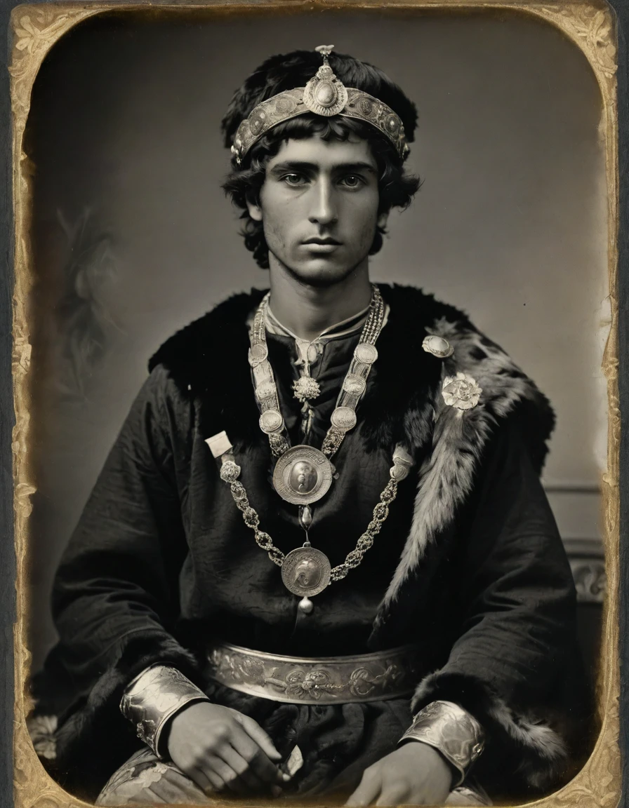 ((((Rough monochrome, daguerreotype on old paper)))), the composition is: (((a young male Roman brigand, sullen, facing viewer. He is wearing a fur hat, he is wearing a Mughal caftan with Praetorian elements, sashes, medals, Hellenistic pendants, Hellenistic influence, tiger trimming))).