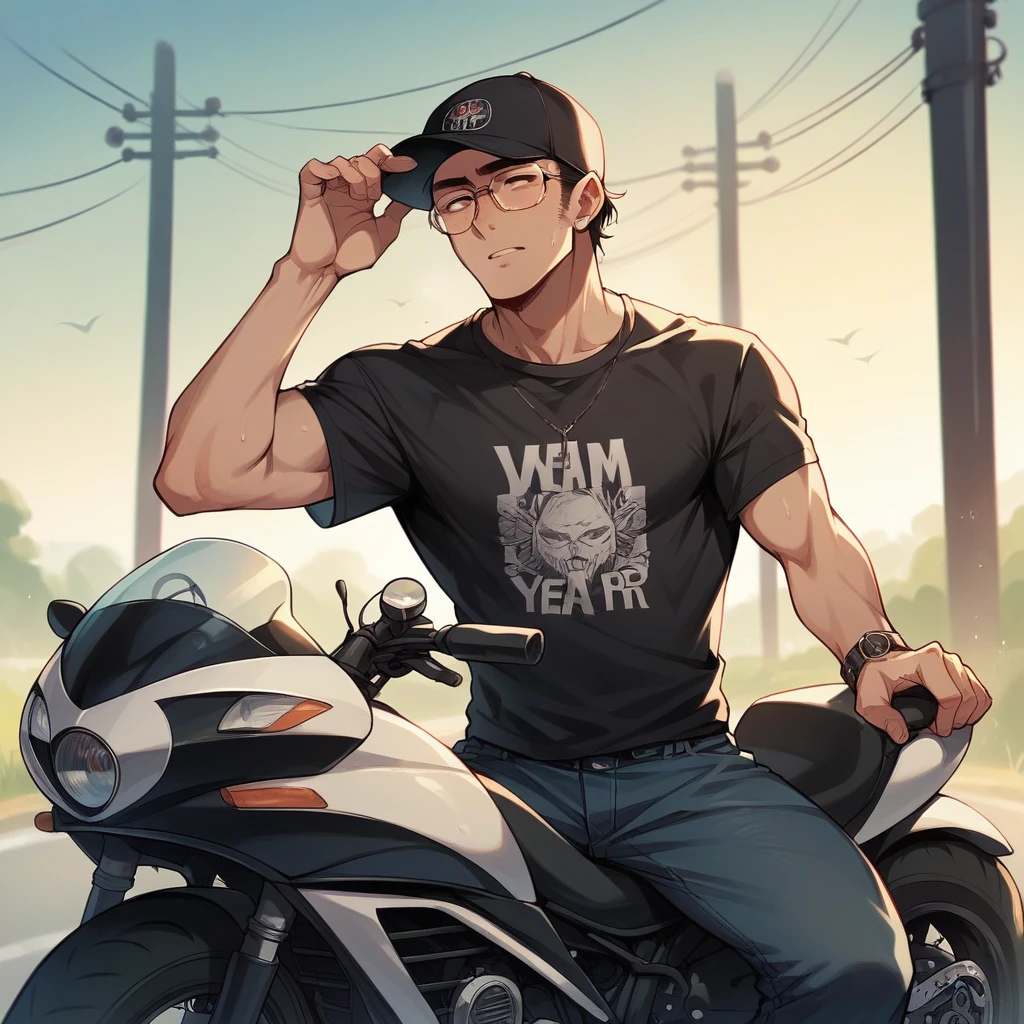A handsome 30 year old Indonesian man wearing a black t-shirt with a picture of a beautiful woman, wearing a black baseball cap and glasses, is sitting on a motorbike.