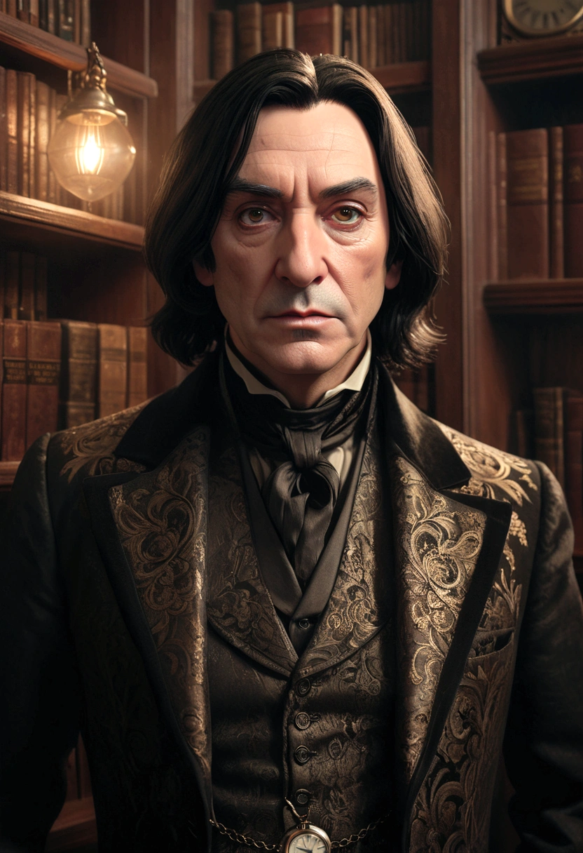 a severus snape in 19th century victorian era, beautiful detailed eyes, beautiful detailed lips, extremely detailed face and portrait, 1 man, ornate victorian clothing, intricate embroidered jacket, pocket watch, standing in a study with bookshelves, golden hour lighting, cinematic lighting, dramatic moody lighting, dramatic shadows, gothic architecture, sepia toned, vintage, (best quality,4k,8k,highres,masterpiece:1.2),ultra-detailed,(realistic,photorealistic,photo-realistic:1.37)