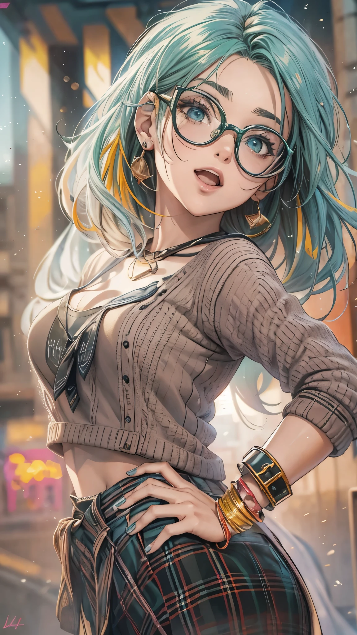 a young girl with green hair, excited expression, round glasses, tied back hair, beautiful detailed face, wearing colorful summer clothes, in a sexy dynamic pose, looking at the camera, sunset background, (best quality,4k,8k,highres,masterpiece:1.2),ultra-detailed,(realistic,photorealistic,photo-realistic:1.37),vibrant colors,cinematic lighting,manga style,portrait