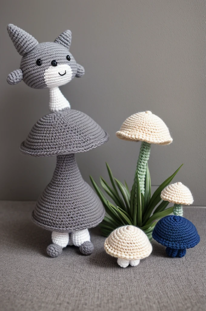 Large amigurumi mushroom next to a gray amigurumi cat 
