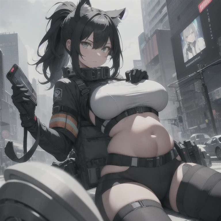 Absurd resolution, high resolution, (masterpiece: 1.4), hyper-detail, full body shot, solo, 1 kemono feline cat woman, black hair, messy ponytail, cute face, detailed soft grey eyes, extremely large inflated expanding bust, huge massive hyper super swollen breasts that cover her whole torso and are bigger than her head while being so big they reach her belly button, wide full hips, narrower torso, smaller torso, full thicc soft thighs, rounded full soft butt, ruggedized utility styled outfit, monochrome black and grey fullbody covering protective padding pilot rugged utility suit with white chest, scifi padded rugged high collar techwear jacket, white and black triangular decals and techwear iconography on apparel and clothing, techwear gloves, arm mounted strapped display scifi tablet/communication device/computer, rugged tablet display mounted on MOLLE strap on top of her bust, ruggedized computer tablet mounted above her breasts, screen display mounted on top of her chest, ruggedized tech, ruggedized tech aesthetic, fitted utility pants, utility chaps, near future scifi, cyberpunk aesthetic, anime aesthetic
