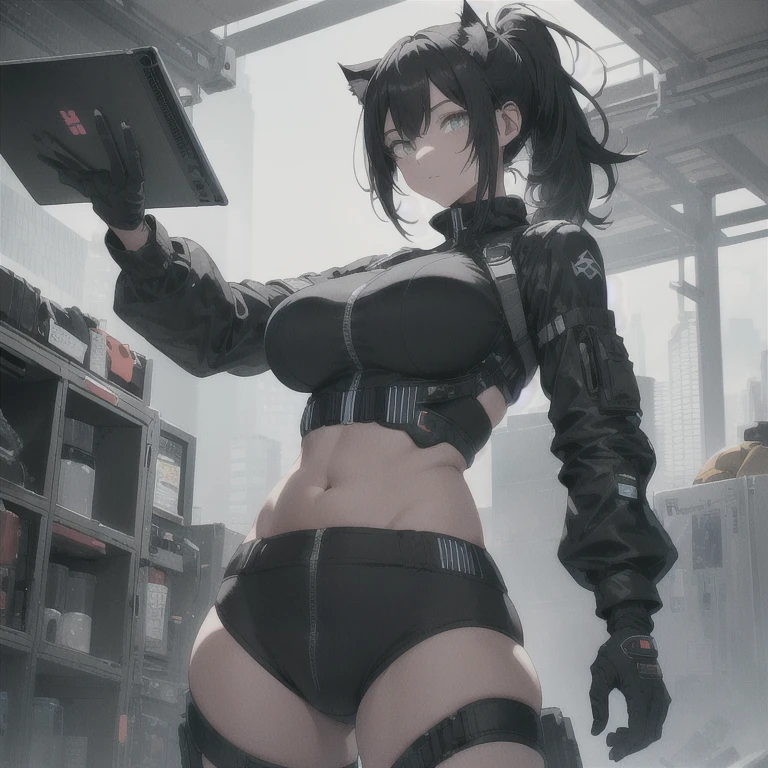 Absurd resolution, high resolution, (masterpiece: 1.4), hyper-detail, full body shot, solo, 1 kemono feline cat woman, black hair, messy ponytail, cute face, detailed soft grey eyes, extremely large inflated expanding bust, huge massive hyper super swollen breasts that cover her whole torso and are bigger than her head while being so big they reach her belly button, wide full hips, narrower torso, smaller torso, full thicc soft thighs, rounded full soft butt, ruggedized utility styled outfit, monochrome black and grey fullbody covering protective padding pilot rugged utility suit with white chest, scifi padded rugged high collar techwear jacket, white and black triangular decals and techwear iconography on apparel and clothing, techwear gloves, arm mounted strapped display scifi tablet/communication device/computer, rugged tablet display mounted on MOLLE strap on top of her bust, ruggedized computer tablet mounted above her breasts, screen display mounted on top of her chest, ruggedized tech, ruggedized tech aesthetic, fitted utility pants, utility chaps, near future scifi, cyberpunk aesthetic, anime aesthetic