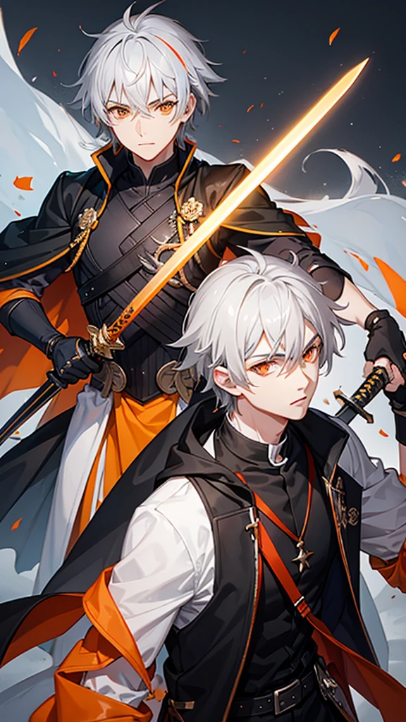 Male character gray hair and orange eyes and black clothes and swords