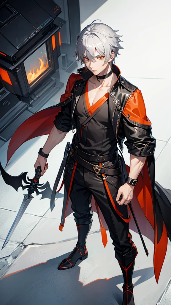 Male character gray hair and orange eyes and black clothes and swords