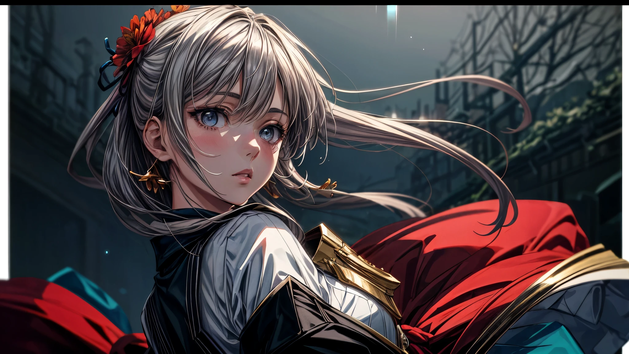 (Masterpiece), (Best Quality), (Super Detail), (disheveled hair), (Illustration), (1 girl), (Fashionable clothes), Standing, Fashion Model, Looking Back, (Interview), (Brief Background), Beautiful Detailed Eyes, Delicate Beautiful Face, Floating, (High Saturation), (Colorful Splash), Colorful Bubbles, (Shining), Focus on the Face, Akane Kurokawa, Gray Hair, Bangs, Hair rings, floating flowers, floating hair. girl, anime wife, looking far away, very detailed, reflective transparent iridescent color, long transparent iridescent RGB hair, art station art bee ssela fleur, thick acrylic, pixiv illustration, waist up portrait, gorgeous sacred girl, top quality, super detailed, sad, smart, beautiful face, beautiful Ryton black background, Character stvle rendered by Octane, background simple