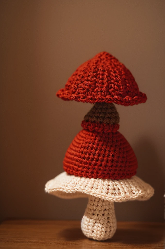 Crocheted mushroom in brown and red