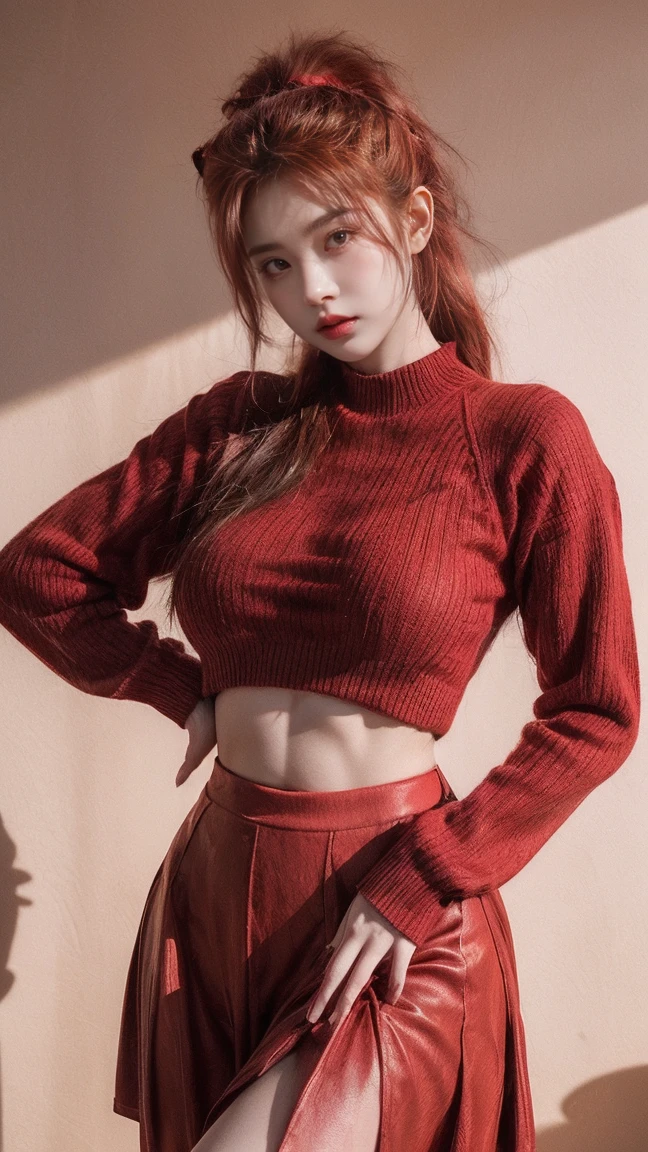 21yo girl,red hair,ponytail hair, (wearing red sweater), (lion tattoo), (lion),yellow skirt, natural medium breast, plump body,single sidelock hairpin blush modern cinematic lighting,ray tracing,drop shadow wide shot UHD,textured skin,high details,best quality 4K