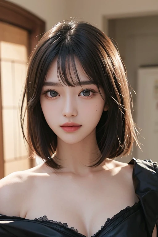 masterpiece、The highest image quality、hightquality、Beautuful Women、japanes、Popular Korean Makeup、detaileds、Swollen eyes、A detailed eye、Detailed skin、Beautiful skins、超A high resolution、(Reality:1.4)、very extremely beautiful、Slightly younger face、Beautiful skins、Thin、(A hyper-realistic)、(illustratio)、(hight resolution)、(8K)、(ighly detailed)(The best illustrations)、(beautifully detailed eyes)、(Ultra-detail)、(wall-paper)、(Detailed face)、looking at the viewers、fine detailed、 A detailed face、pureerosfaceace_v1、A smile、Looking straight ahead、Looking straight ahead、angle from waist up、photos realistic、Bright lighting、profetional lighting、A darK-haired(Part of the hair is green)、length hair、Black Leather Gothic Dress、a matural female、long stylish bangs、