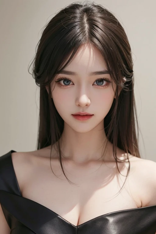 masterpiece、The highest image quality、hightquality、Beautuful Women、japanes、Popular Korean Makeup、detaileds、Swollen eyes、A detailed eye、Detailed skin、Beautiful skins、超A high resolution、(Reality:1.4)、very extremely beautiful、Slightly younger face、Beautiful skins、Thin、(A hyper-realistic)、(illustratio)、(hight resolution)、(8K)、(ighly detailed)(The best illustrations)、(beautifully detailed eyes)、(Ultra-detail)、(wall-paper)、(Detailed face)、looking at the viewers、fine detailed、 A detailed face、pureerosfaceace_v1、A smile、Looking straight ahead、Looking straight ahead、angle from waist up、photos realistic、Bright lighting、profetional lighting、A darK-haired(Part of the hair is green)、length hair、Black Leather Gothic Dress、a matural female、long stylish bangs、
