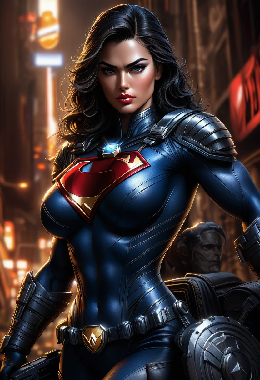 Wonderwoman wearing a company badge, holding a laptop computer at waist level, Mike deodato art style, 8k, intricate details, cinematic lighting, dramatic pose, strong facial features, beautiful detailed eyes, beautiful detailed lips, extremely detailed face and portrait, long eyelashes, high contrast, dynamic composition, vibrant colors, chiaroscuro lighting, photorealistic, masterpiece