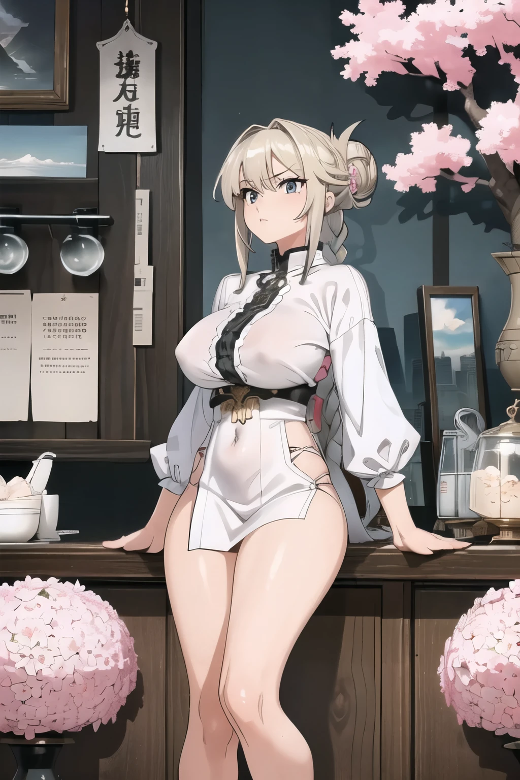 (masterpiece, best_quality, ultra-detailed, immaculate:1.3), epic, illustration, mountain dragoon lord , pauldrons, light slate gray hair with sunset highlights, Tri-Braided Bun,swept bangs, crossed ankles, in cherry blossom, mad scientist's downtown Tokyo, in a steampunk factory, bombshell hair, neon blonde hair, Slicked Back Hair,parted bangs, arm at side / arms at sides