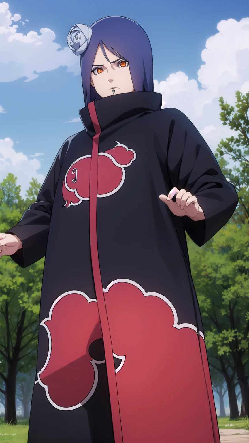 woman, woman, short hair, hair ornament, blue hair, flower, hair flower, (orange eyes:1.2), (labret piercing:1.2), eyeshadow,
BREAK coat, Cloak, черный Cloak, black Cloak, (Akatsuki uniform:1.5), Akatsuki \(naruto\),
BREAK outdoors, the forest, nature, sky, cloud, Sun,
BREAK looking at viewer, (cowboy shot:1.5),
BREAK (masterpiece:1.2), Best quality, A high resolution, unity 8k wallpaper, (illustration:0.8), (beautiful detailed eyes:1.6), very detailed face, perfect lighting, extremely detailed computer graphics, (perfect hands, Ideal Anatomy),