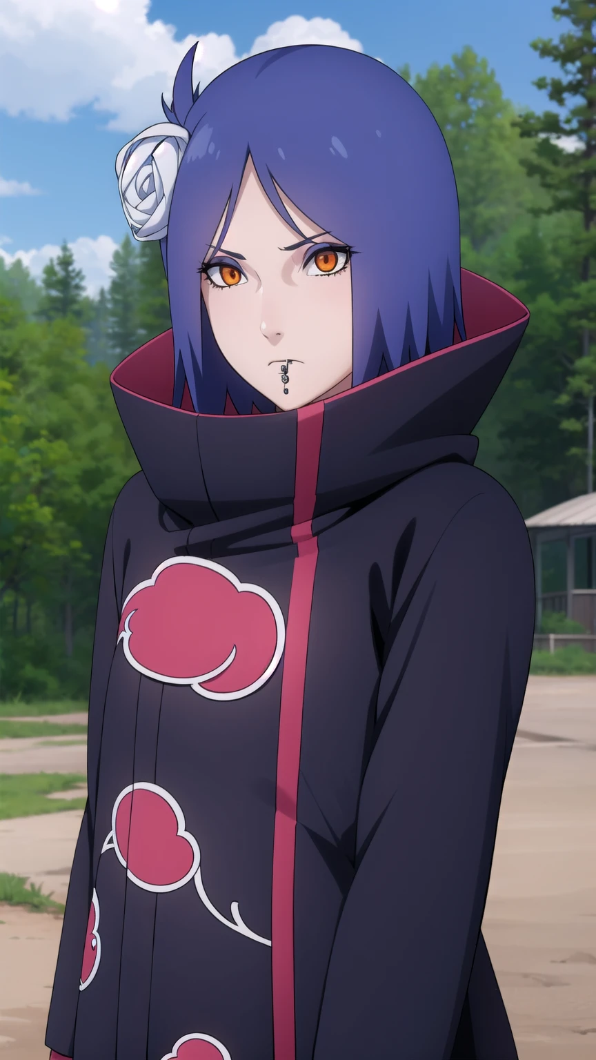woman, woman, short hair, hair ornament, blue hair, flower, hair flower, (orange eyes:1.2), (labret piercing:1.2), eyeshadow,
BREAK coat, Cloak, черный Cloak, black Cloak, (Akatsuki uniform:1.5), Akatsuki \(naruto\),
BREAK outdoors, the forest, nature, sky, cloud, Sun,
BREAK looking at viewer, (cowboy shot:1.5),
BREAK (masterpiece:1.2), Best quality, A high resolution, unity 8k wallpaper, (illustration:0.8), (beautiful detailed eyes:1.6), very detailed face, perfect lighting, extremely detailed computer graphics, (perfect hands, Ideal Anatomy),