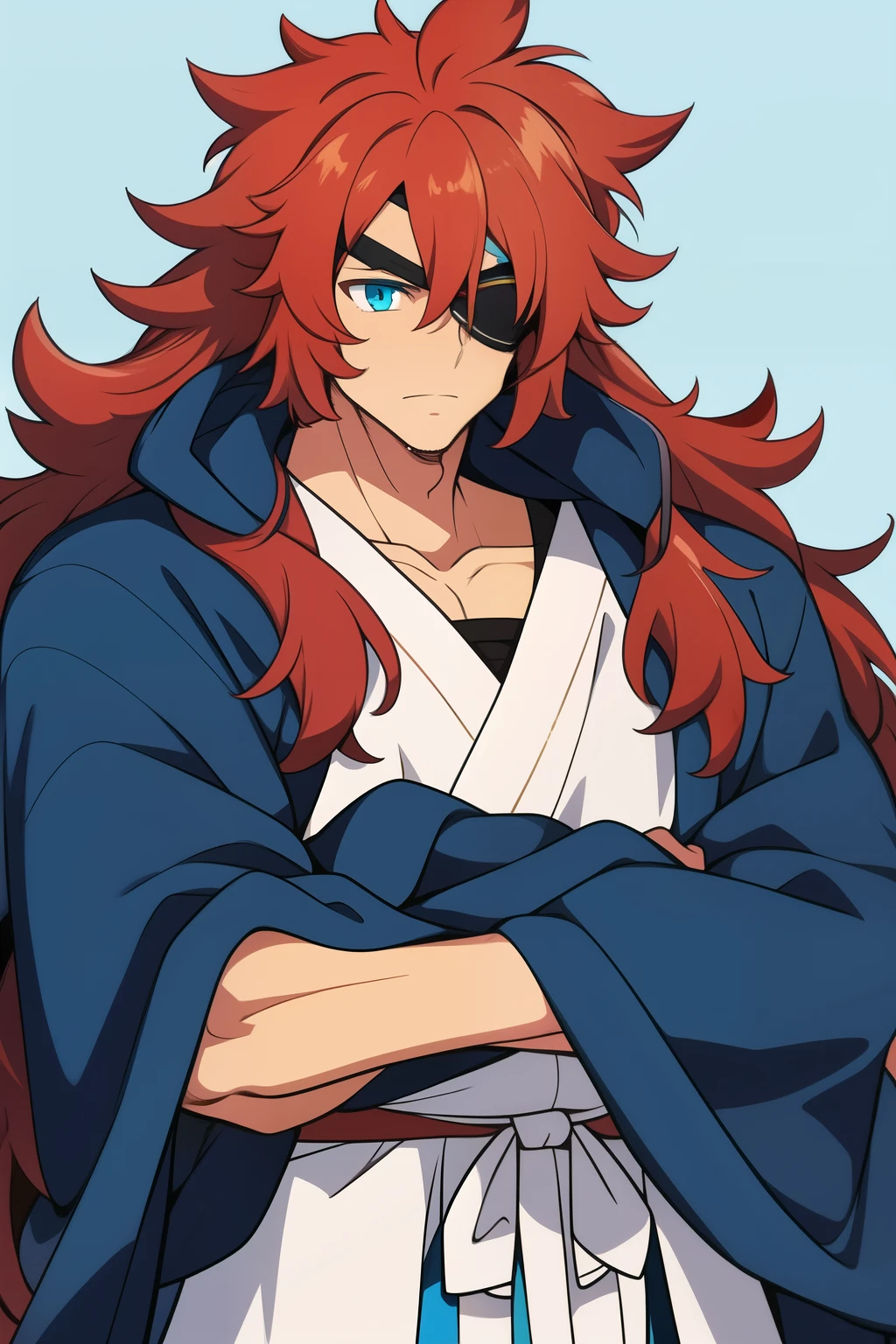 long hair, messy hair, thick hair, shaggy hair, red hair, bright blue eyes, electric blue eyes, tan skin, ainu, robes, male, muscular, tall, pretty, eyepatch, no hood, shirt, no ears, very long hair, thick eyebrows, mane of hair, mature