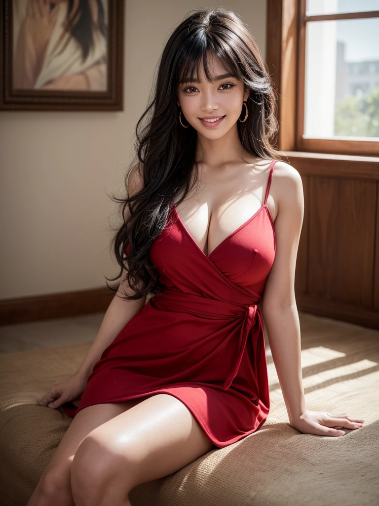 1girl, alone, solitary, high quality, (best quality,4k,8k,highres,masterpiece:1.2),ultra-detailed,(realistic,photorealistic,photo-realistic:1.37),gorgeous hair,black blue hair,long hair with curls and bangs,puffy eyes,mole on the cheek,plump lips,jewelry,(high detailed skin:1.4),(light room:1.3),(rim lighting:1.3),(lit:1.3),(sunny day:1.3),indoors,portrait,perfect smile, waist-length hair, red or black clothes, beautiful smile, perfect teeth, dimples
