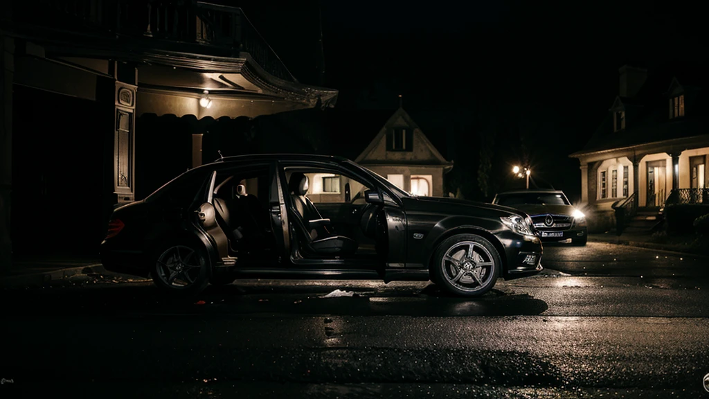 Car Breaking Down:
A women getting out of a black mercedes benz car that has broken down in front of an old, spooky mansion, night seen, surrounded by darkness, high quality