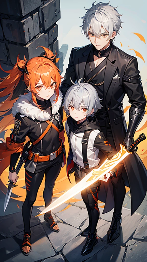 Male character gray hair and orange eyes and black clothes and swords 