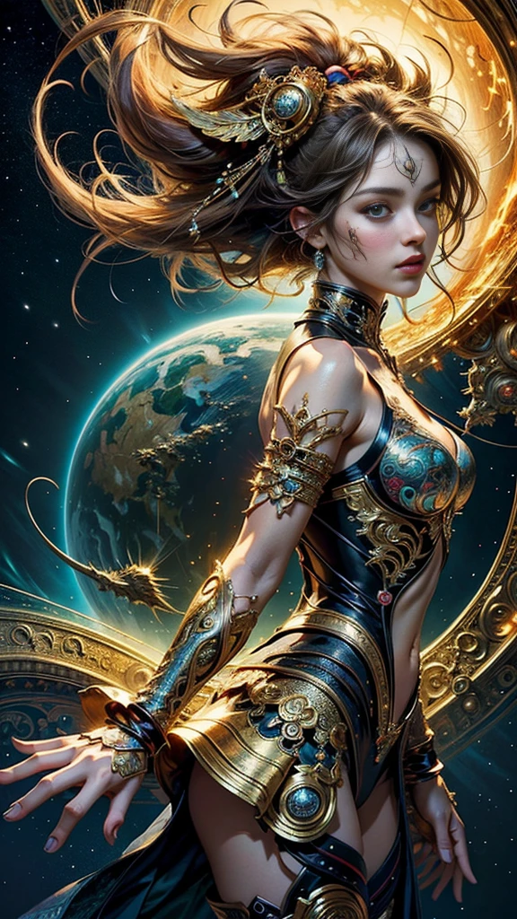 (masterpiece, top quality, best quality, official art, beautiful and aesthetic:1.2), (1girl), (4/5 body shot), (((face to viewers))),, extreme detailed,(fractal art:1.3),colorful,highest detailed