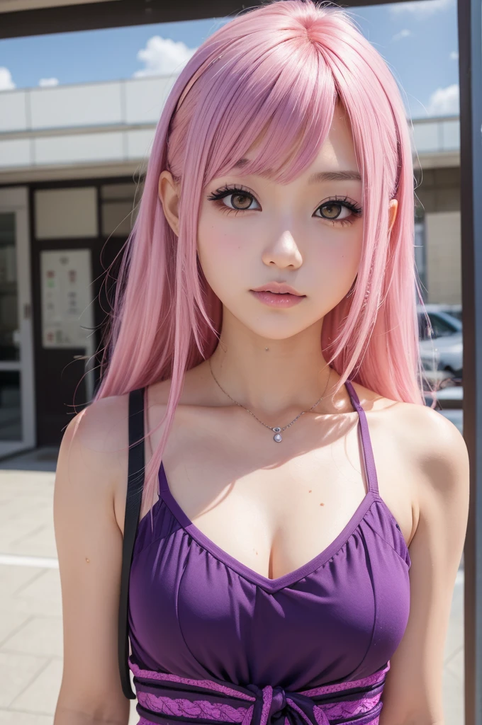 Please crente a japanese girl with pink and medium hair, purple eyes, with gyaru , , 16 years, , anime style