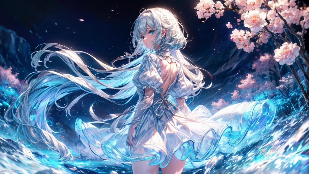 1girl in、solo、Dynamic Angle、Dynamic Hair、Dynamic Pause、​masterpiece、beautiful detailed hand、illustratio、Beautiful detailed night sky、beatiful detailed eyes、Cinematic Light、Ultra-detail、dishevled hair、Long silver hair、curlyhair、aquariums、foam、The Darkness、White Side Slit Dress、wet​、from the rear、is standing、under the water、Abandoned castle、Looking into the distance、White particles glow