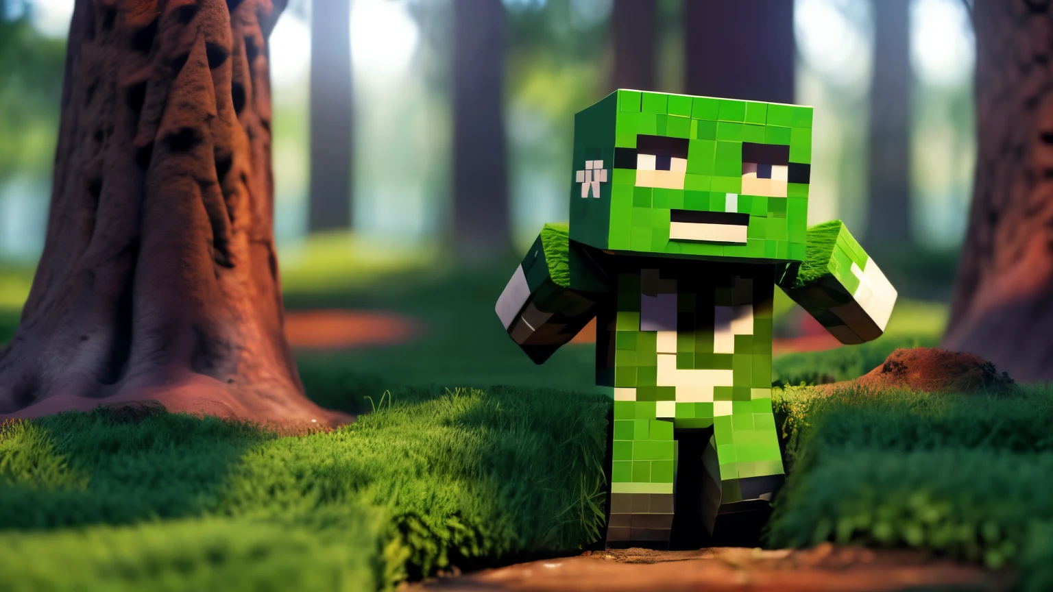 Imagine a Minecraft Creeper as if it were a realistic creature in the natural world. Describe its physical appearance in detail, including its height, body shape, skin texture, and color. How would its eyes and mouth look? Consider how it would move and interact with its environment, its posture, and expression. Explore its essence as a unique and intriguing creature while retaining recognizable elements that make it an icon of the Minecraft game.