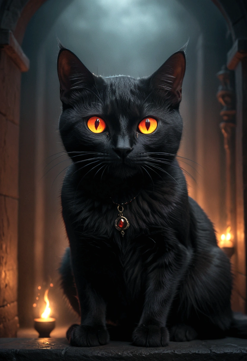 a black cat with flaming eyes, demonic,dark fantasy,occult,hellfire,dramatic lighting,volumetric fog,cinematic,highly detailed,intricate background, (best quality,8k,highres,masterpiece:1.2),ultra-detailed,(realistic,photo-realistic:1.37),dark atmosphere,moody,dramatic shadows,glowing eyes,psionic energy,mystical aura,occult symbols,dark magic,dark color palette,deep shadows