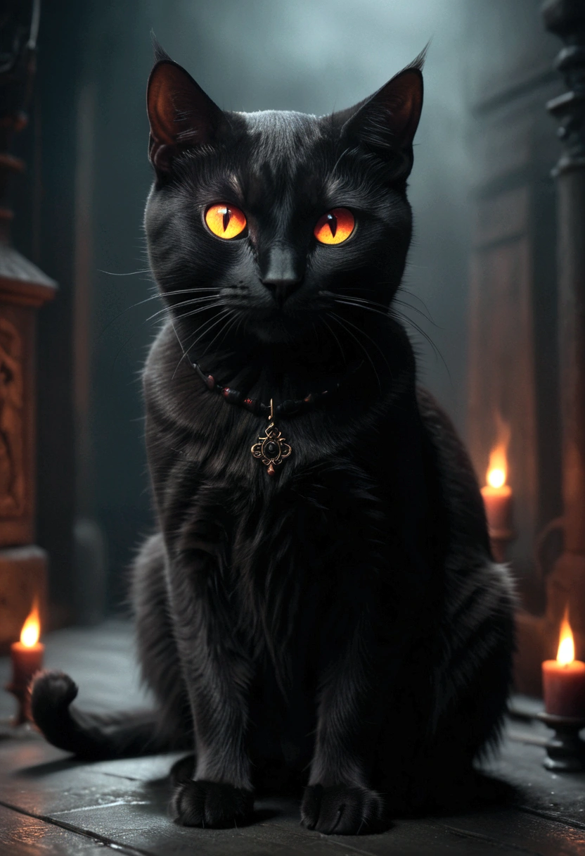 a black cat with flaming eyes, demonic,dark fantasy,occult,hellfire,dramatic lighting,volumetric fog,cinematic,highly detailed,intricate background, (best quality,8k,highres,masterpiece:1.2),ultra-detailed,(realistic,photo-realistic:1.37),dark atmosphere,moody,dramatic shadows,glowing eyes,psionic energy,mystical aura,occult symbols,dark magic,dark color palette,deep shadows