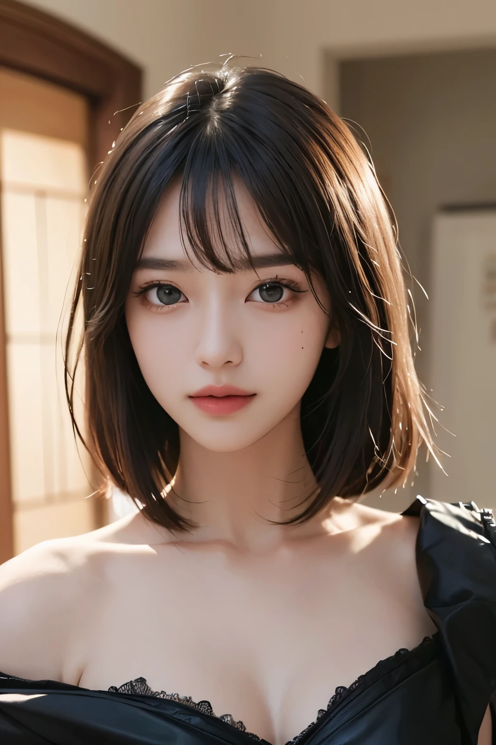 ​masterpiece、The highest image quality、hightquality、Beautuful Women、japanes、Popular Korean Makeup、detaileds、Swollen eyes、A detailed eye、Detailed skin、Beautiful skins、超A high resolution、(Reality:1.4)、very extremely beautiful、Slightly younger face、Beautiful skins、Thin、(A hyper-realistic)、(illustratio)、(hight resolution)、(8K)、(ighly detailed)(The best illustrations)、(beautifully detailed eyes)、(Ultra-detail)、(wall-paper)、(Detailed face)、looking at the viewers、fine detailed、 A detailed face、pureerosfaceace_v1、A smile、Looking straight ahead、Looking straight ahead、angle from waist up、photos realistic、Bright lighting、profetional lighting、A darK-haired(Part of the hair is green)、length hair、Black Leather Gothic Dress、a matural female、long stylish bangs、