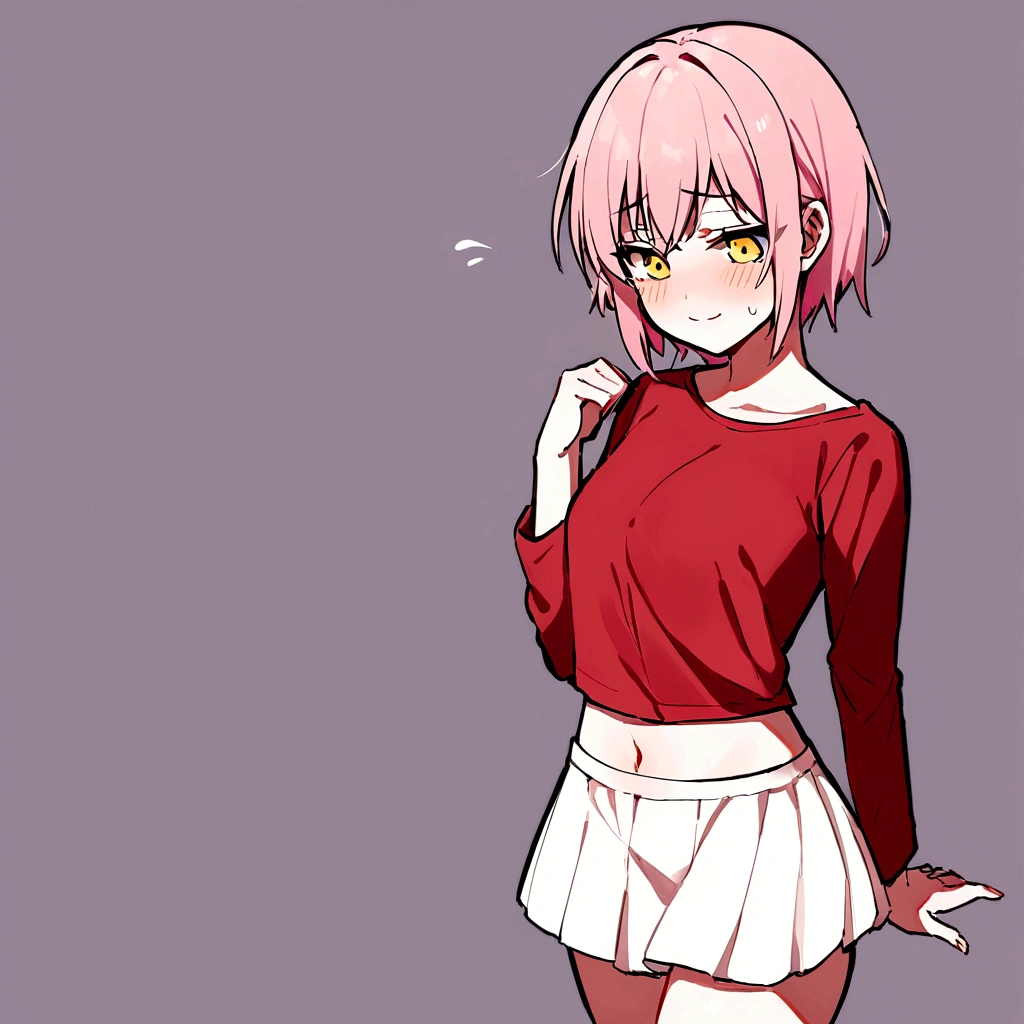 make me a female, 25 years old, pink short hair, yellow eyes, shy smile, revealing red tight shirt and short white skirt
