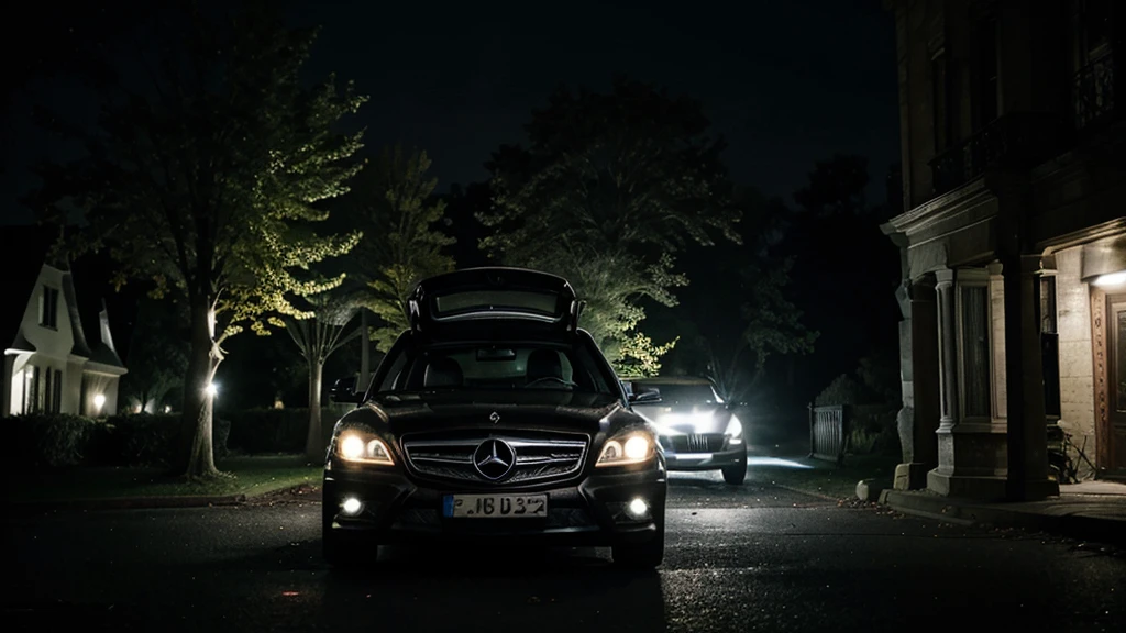 Car Breaking Down:
A women getting out of a black mercedes benz car that has broken down in front of an old, spooky mansion, night seen, surrounded by darkness, high quality