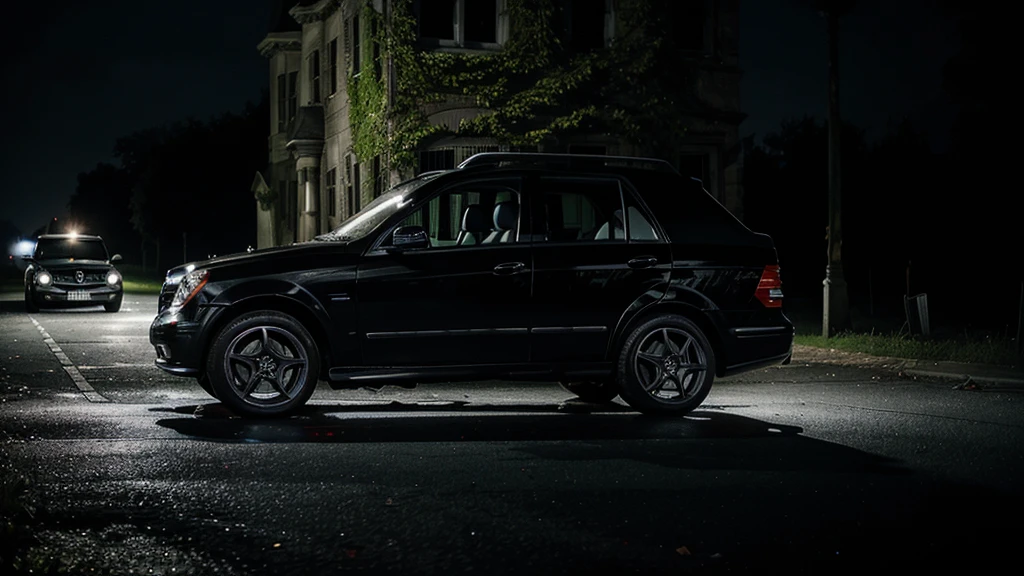 Car Breaking Down:
A women getting out of a black mercedes benz car that has broken down in front of an old, spooky mansion, night seen, surrounded by darkness, high quality