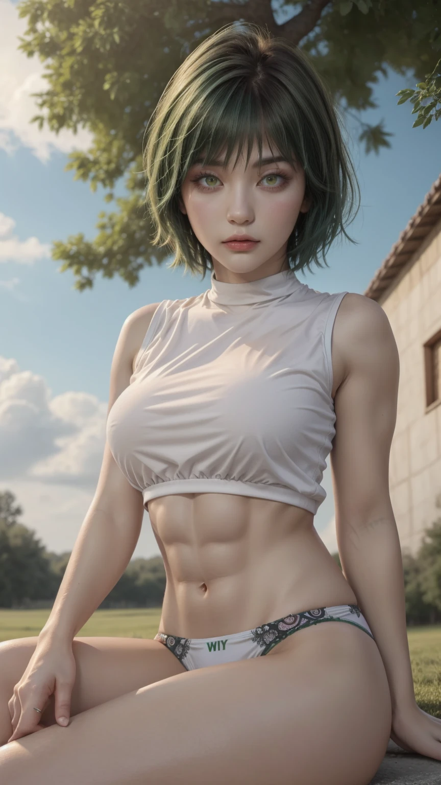 MakiSHS1, One, short hair, 1 girl, Looking at the viewer, green hair, panties, bang , sexy body, legs , muscular , closed mouth, muscular female , yellow eyes, large грудь, on open air, sky, blue sky, clouds, trees, building, Sitting, Sitting in, girl Sitting, BREAK masterpiece, Best quality, very detailed background, perfect lightingBest quality