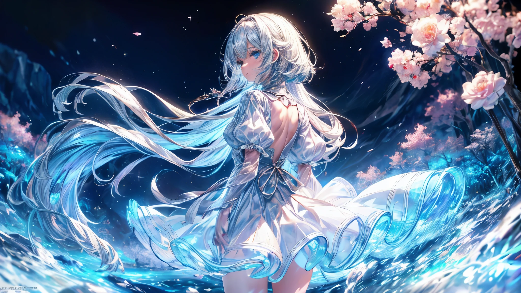 1girl in、solo、Dynamic Angle、Dynamic Hair、Dynamic Pause、​masterpiece、beautiful detailed hand、illustratio、Beautiful detailed night sky、beatiful detailed eyes、Cinematic Light、Ultra-detail、dishevled hair、Long silver hair、curlyhair、aquariums、foam、The Darkness、White Side Slit Dress、wet​、from the rear、is standing、under the water、Abandoned castle、Looking into the distance、White particles glow