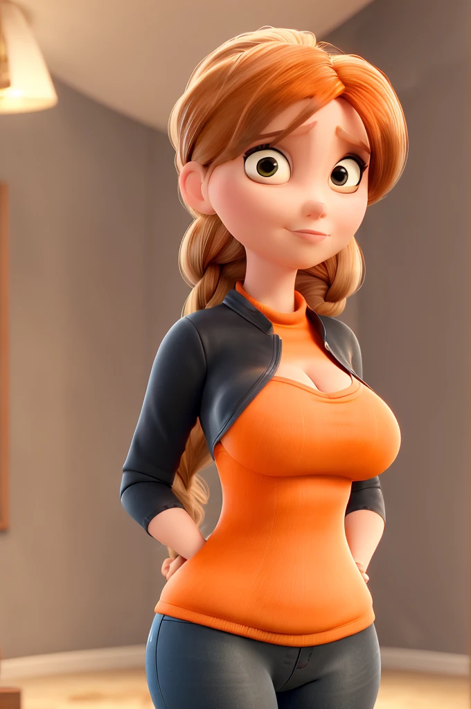 1 female, hourglass figure, pouty look, housewife, cleavage, Black turtleneck, small waist, thick thighs, orange hair, braided, hands on hips, tight jeans, masterpiece, slanty eyes, realistic lips, masterpiece, 4k.