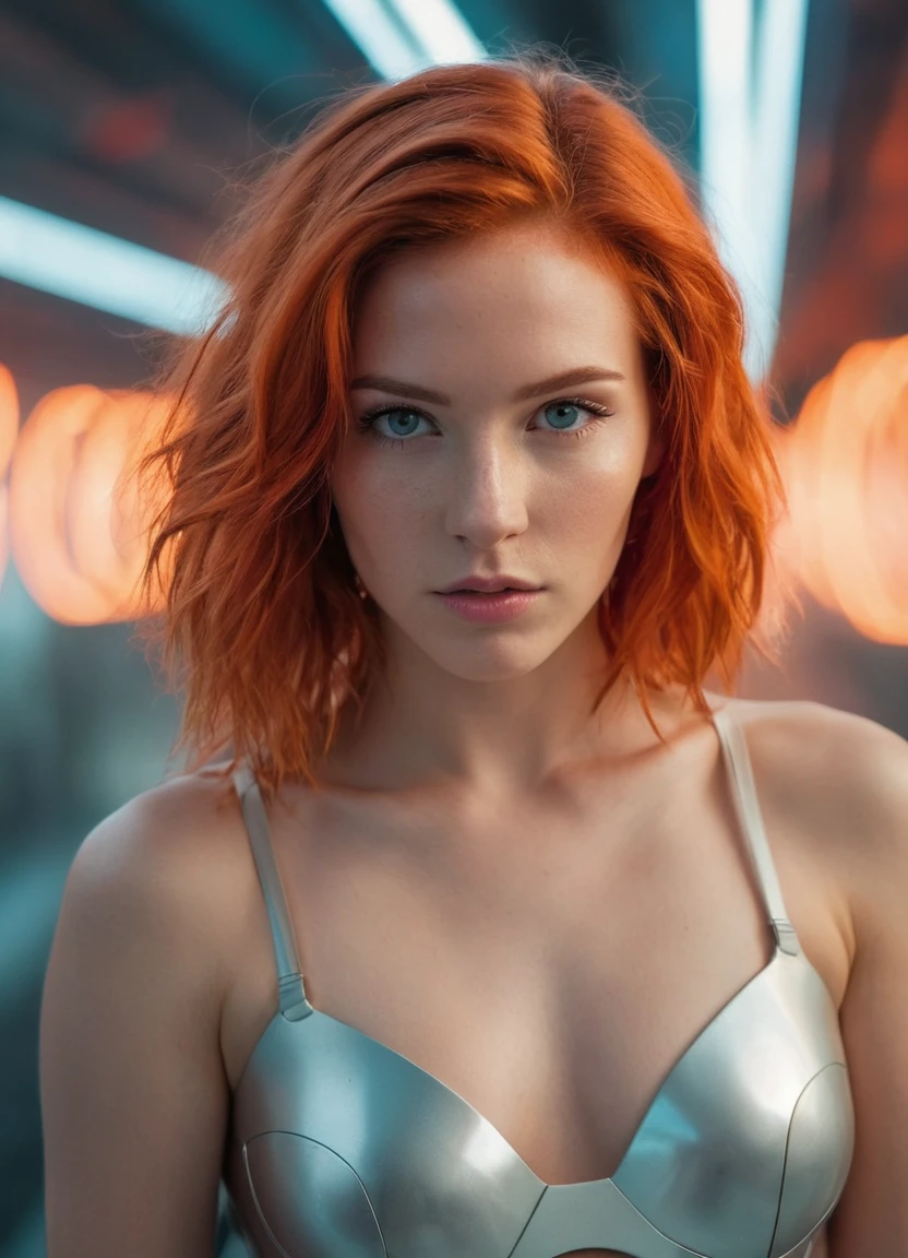 realistic photo, a young and naked cyborg woman with fiery red hair. Her face fills the frame, bathed in neon hues, exuding determination and mystery amidst a futuristic backdrop