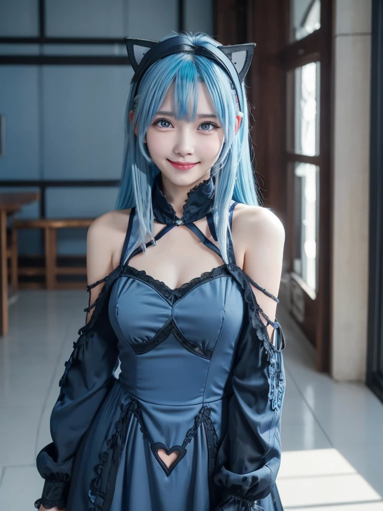 Masterpiece, best quality, cat ear, 1girl,(light Blue hair:1.5),cowboy shot,black headband,black dress,blue jacket off shoulder,curly low twin tail hair,light smile, clothing heart shaped cutout,