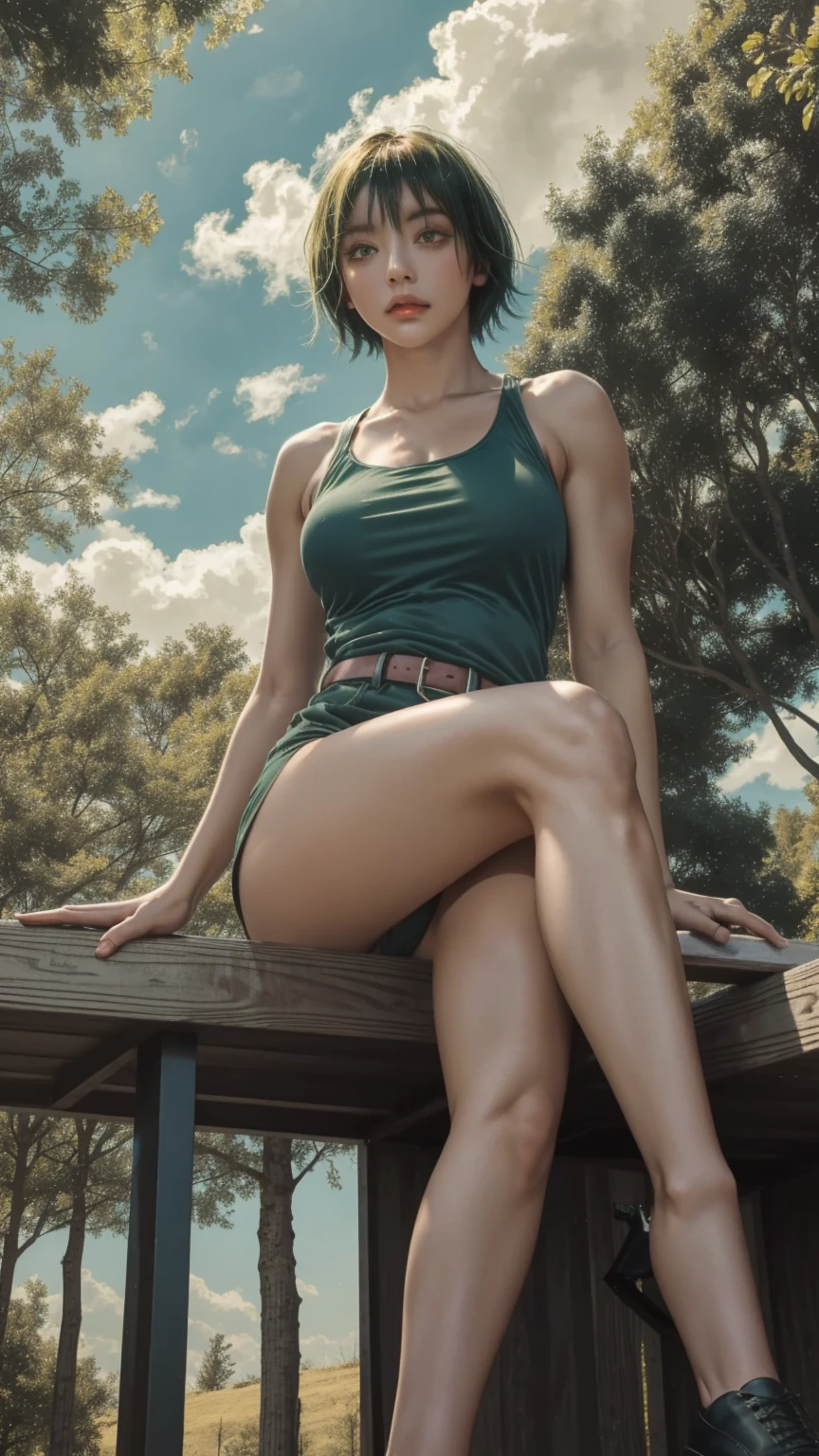 MakiSHS1, One,  short hair, 1 girl,  Looking at the viewer, green hair, panties, bang , sexy body, legs , muscular , closed mouth, muscular female , yellow eyes, large грудь, on open air, sky, blue sky, clouds, trees, building,   Sitting, Sitting in, girl Sitting, BREAK masterpiece, Best quality, very detailed background, perfect lightingBest quality 