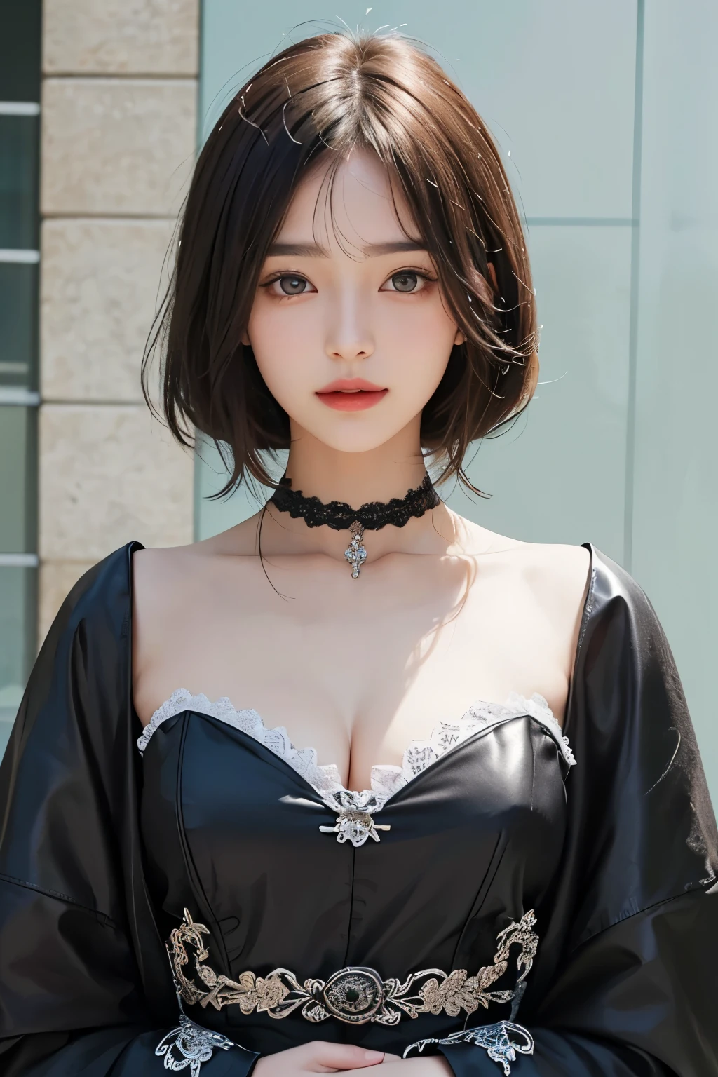masterpiece、The highest image quality、hightquality、Beautuful Women、japanes、Popular Korean Makeup、detaileds、Swollen eyes、A detailed eye、Detailed skin、Beautiful skins、超A high resolution、(Reality:1.4)、very extremely beautiful、Slightly younger face、Beautiful skins、Thin、(A hyper-realistic)、(illustratio)、(hight resolution)、(8K)、(ighly detailed)(The best illustrations)、(beautifully detailed eyes)、(Ultra-detail)、(wall-paper)、(Detailed face)、looking at the viewers、fine detailed、 A detailed face、pureerosfaceace_v1、A smile、Looking straight ahead、Looking straight ahead、angle from waist up、photos realistic、Bright lighting、profetional lighting、A darK-haired(Part of the hair is green)、length hair、Black Leather Gothic Dress、a matural female、long stylish bangs、