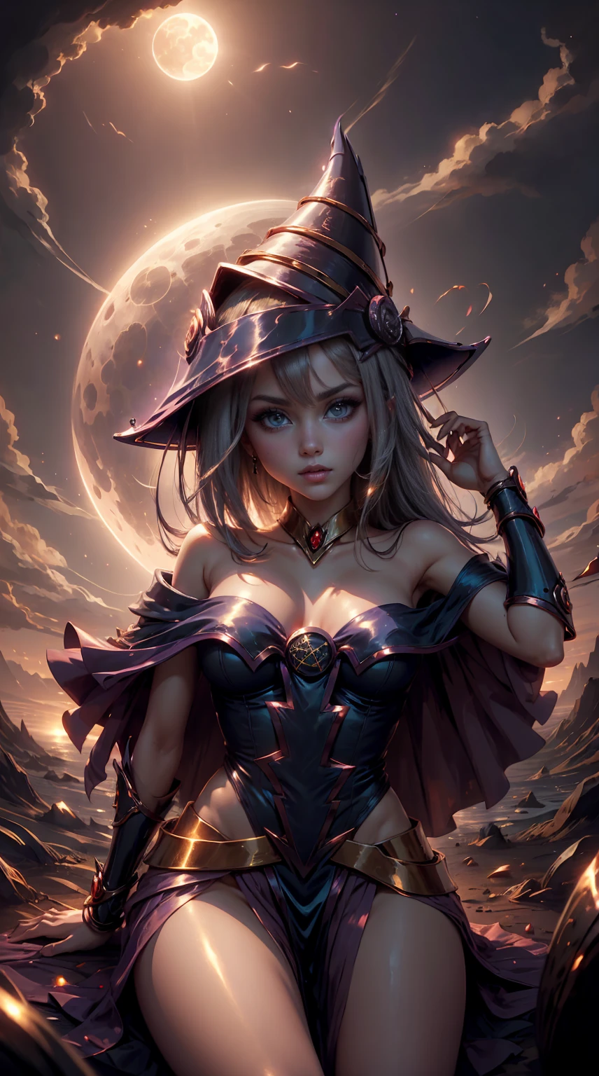 Dark magician gils under the moonlight,  atmospheric, golden hour, charming, Oscuro y charming, magic and spells background. Pose sensual y sexy 