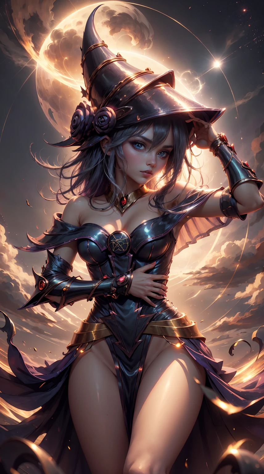 Dark magician gils under the moonlight, atmospheric, golden hour, charming, Oscuro y charming, magic and spells background. Pose sensual y sexy
